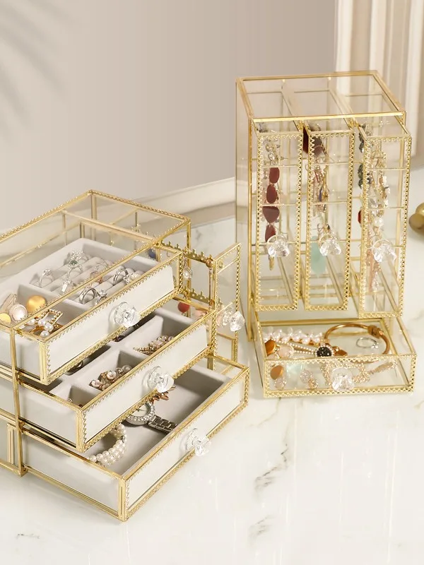 Jewelry Box Gold Luxury Gift Bracelet Velvet Crystal Glass Necklace Jewellery Ring Storage Boxes