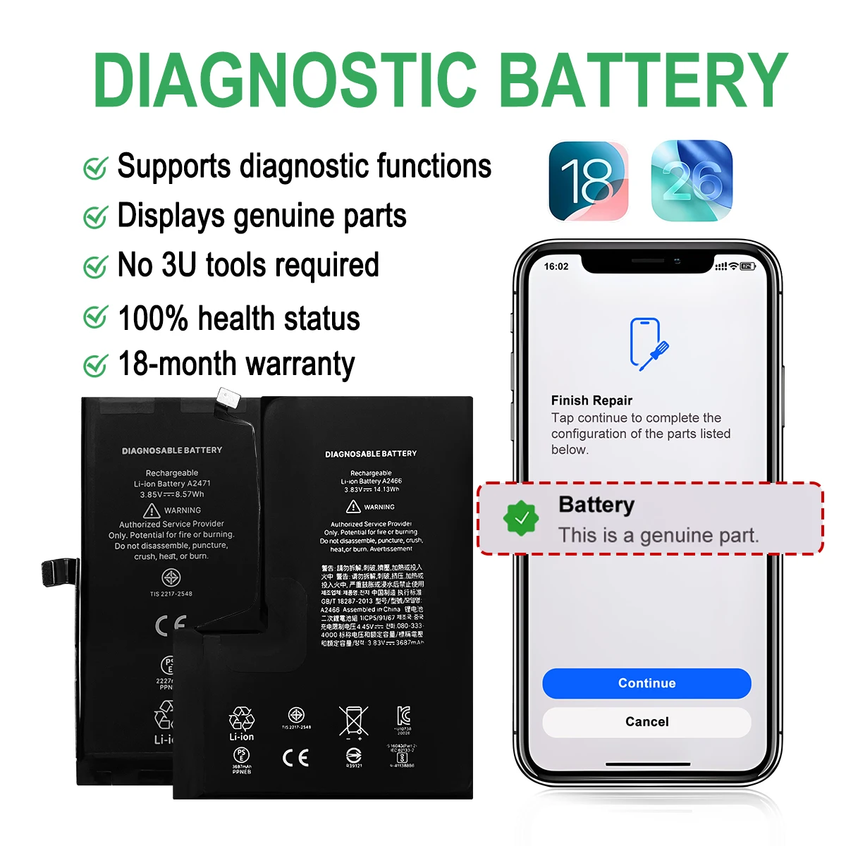 Show Genuine Part OEM Genuine Diagnostic Batterie for iPhone 12