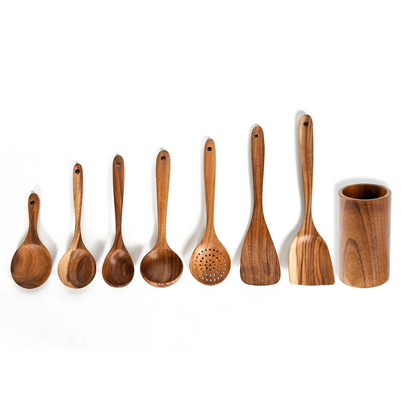 Kitchen Utensils Set with Holder, Wooden Cooking Utensil Set Non-stick Pan Kitchen Tool Wooden Cooking Spoons and Spatulas