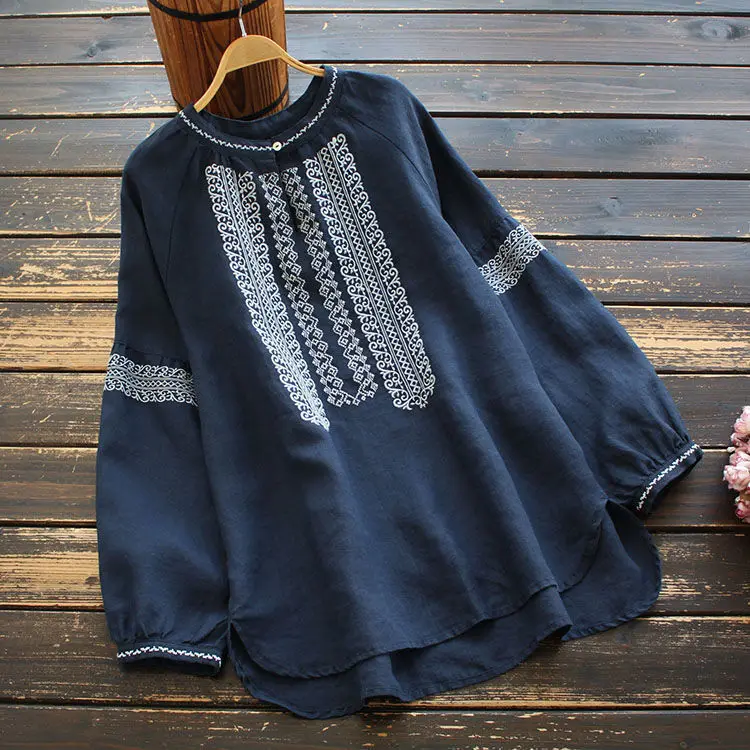 Embroidery Cotton And Linen Shirt Women Long Sleeve Vintage Disc Button ...