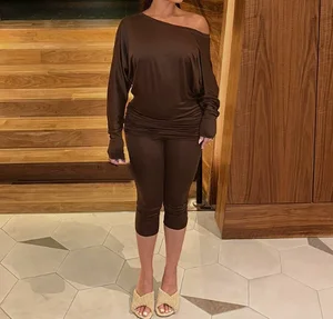 Viviblook J25ST373 Women's Set Slash Shoulder Loose Long Sleeved Top Tight Fitting Cropped Pants Casual Suit