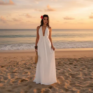 Women's Apparel Supplier Vacation Style Neck-Hanging Deep V-Neck Backless Ladies Leisure Dress Fashion Summer Clothing