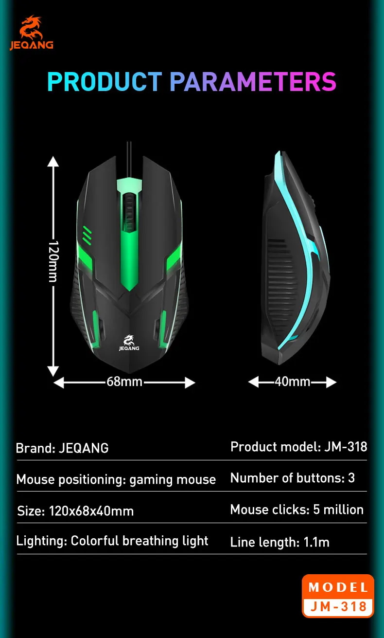 Jeqang Wired Optical RGB Mouse with LED Backlit for Gaming on PC or Laptops USB Interface Stocked