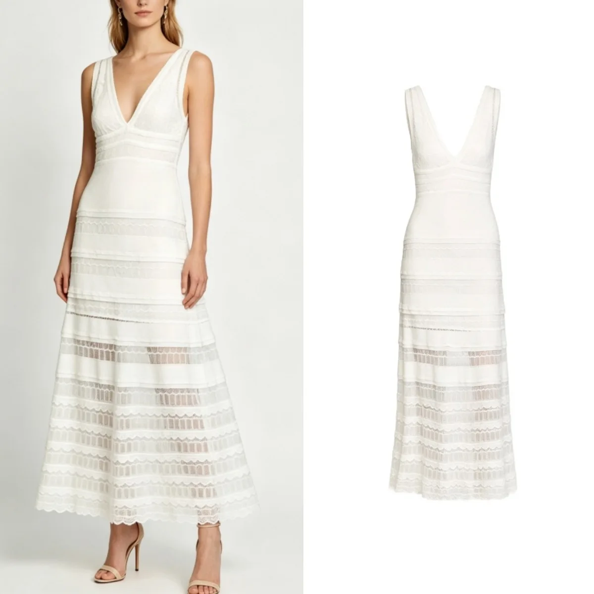 2026 Summer New French Style Hollow Deep V-neck Sling Dress Women's Elegant Slim-fit Tea Break Knitted Long Dress