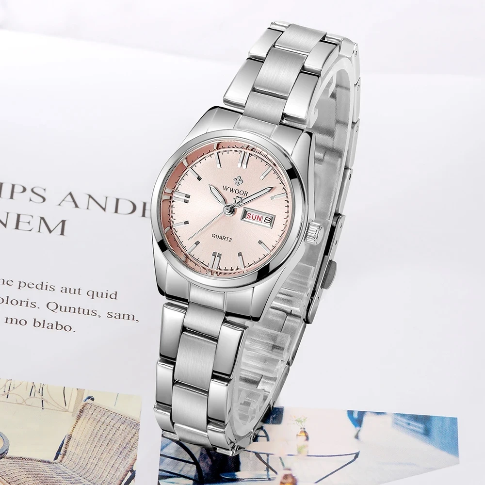 Wwoor 8804 Ladies Japan Quartz Auto Date Watch Calendar Week Display Luxury Fashion Women Clock Water Resistant Stainless Steel