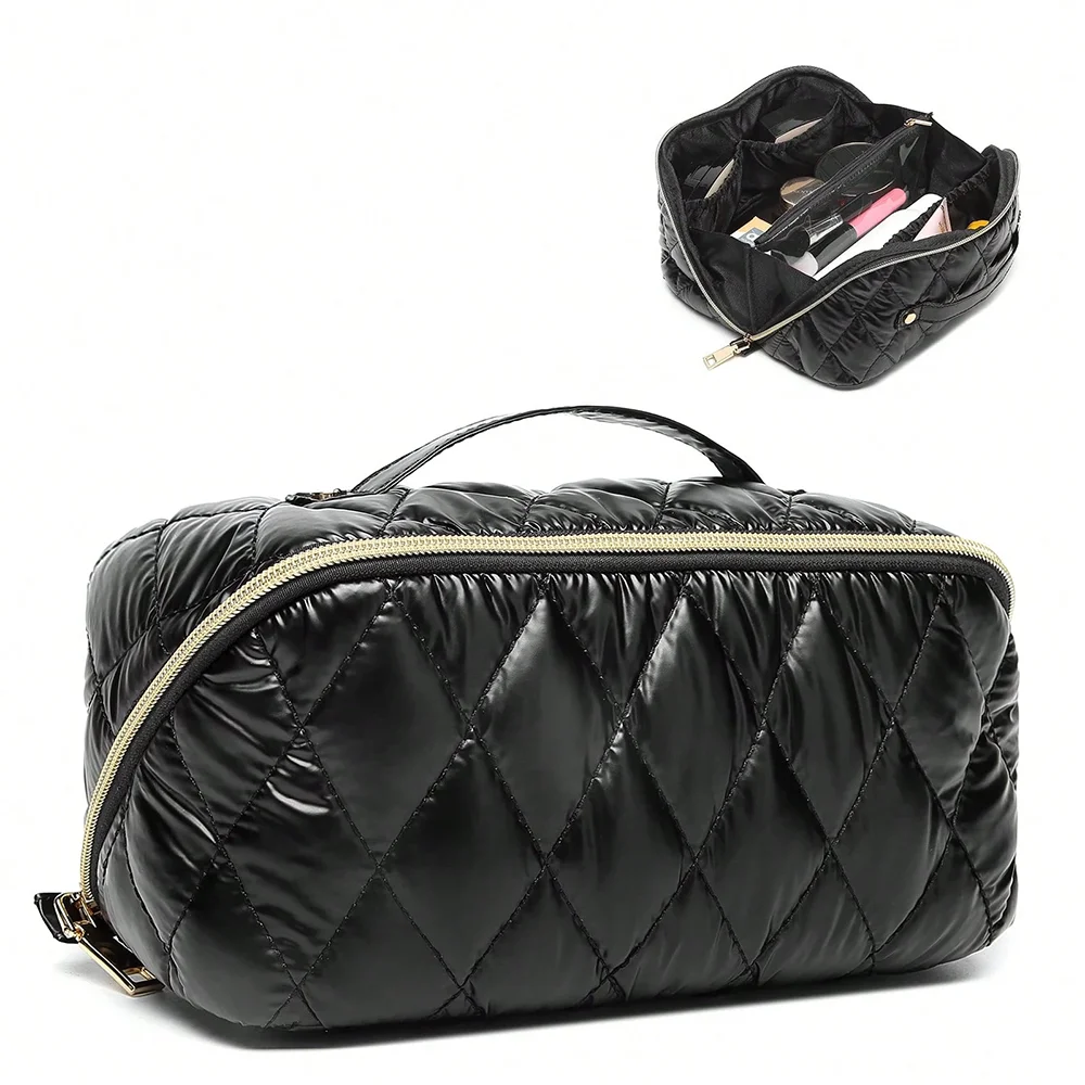Large Capacity Quilted Puffer Makeup Cosmetic Bags for Women Waterproof Puffy Toiletry Bag