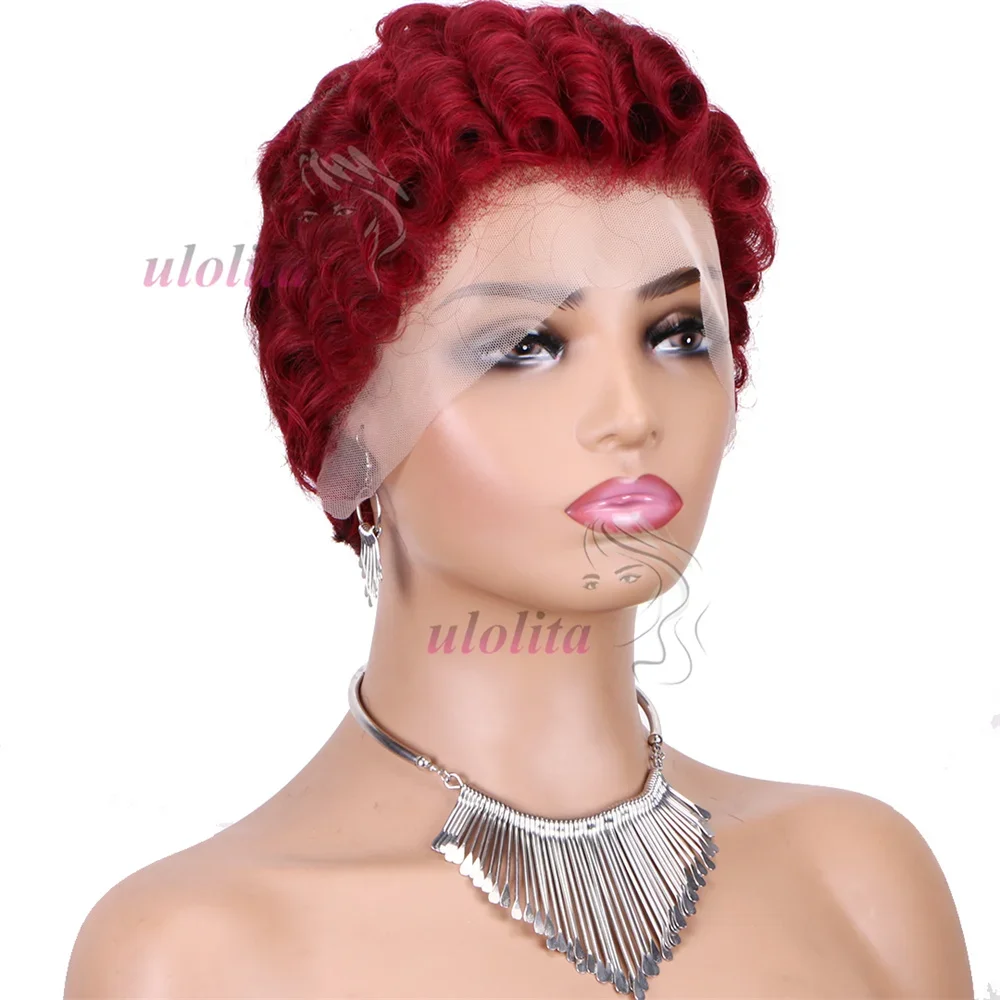 Burgundy 99J Red Color Lace Front Short Bob Wig Human Hair Pre Cut Loose Bouncy Wave Pixie Cut Frontal Wigs Preplucked_voghion.com