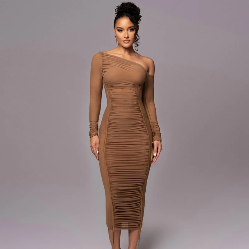 Fashion Long Sleeve Dress Women Design Lady Oblique Shoulder Dress Bodycon Midi Dress Fashion Long Sleeve Dress Women Design Lady Oblique Shoulder Dress Bodycon Midi Dress