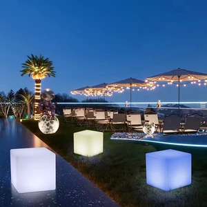 Wholesale Modern Design Outdoor LED Furniture Patio Garden Illuminated Plastic Cube Table and Chair with Remote Control Seat