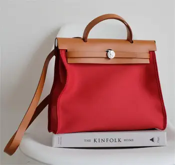 Cowhide/Waterproof Canvas Her Bag Genuine Leather Women's Bag 2023 New Contrast Color Kai Bag Handbag
