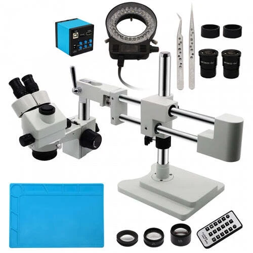 7-45X Double-Arm Trinocular Stereo Microscope with Video Camera