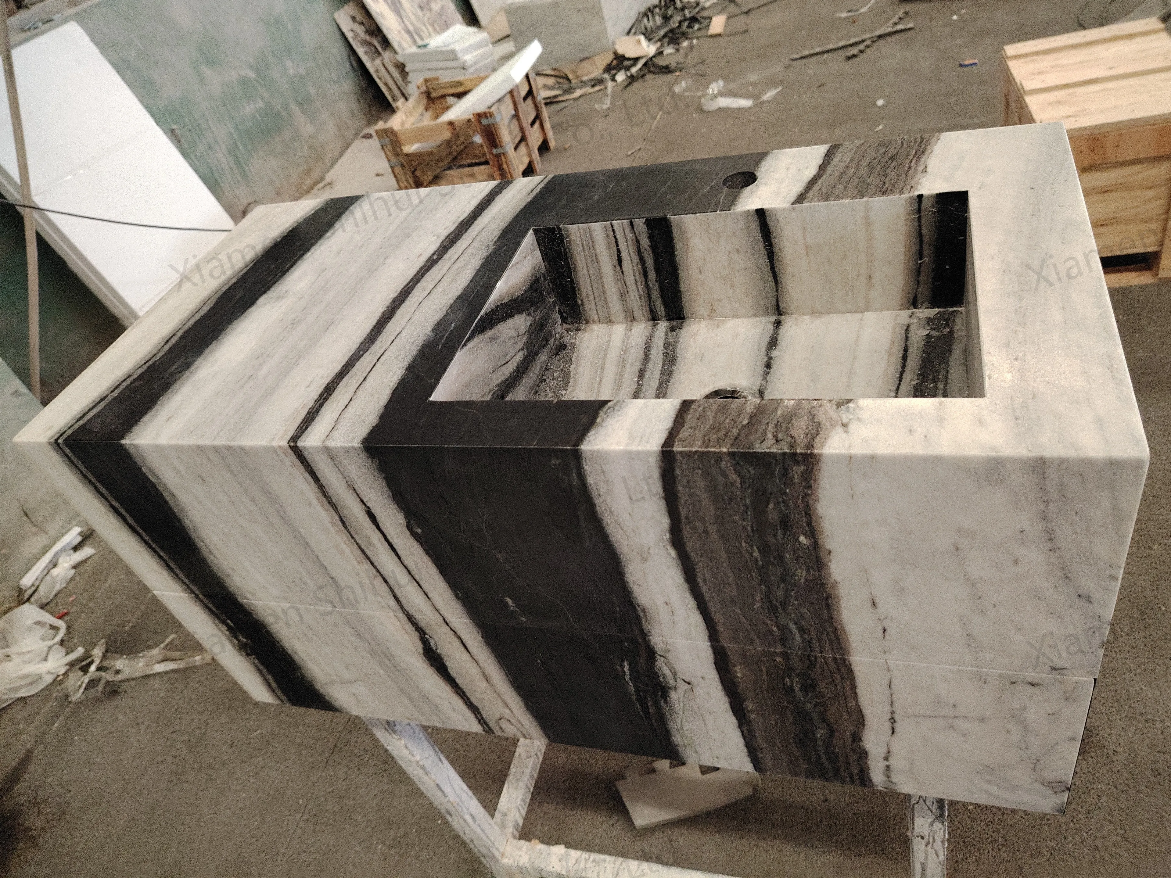 SH STONE Customized Modern Design Natural White Black Marble Single Sink Wash Basin Cabinet for Villa Bathroom Decoration