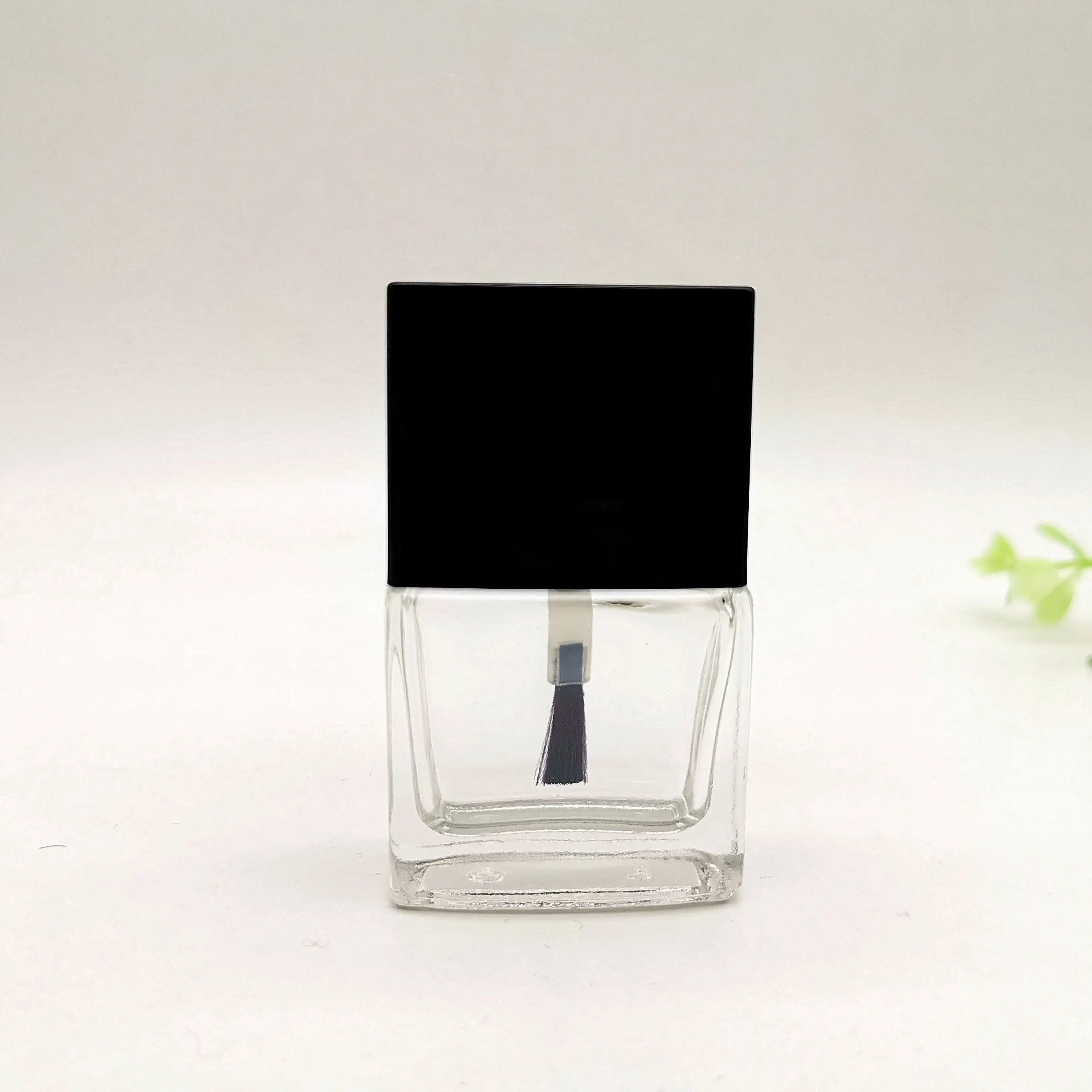 Square Shape Clear UV Gel Glass Nail Polish Bottle With Black And White Cap And Brush