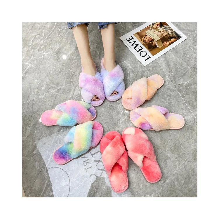 Autumn and winter fashion colorful cross open toe cotton slippers plush size home fur slippers