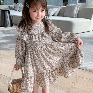 Girls Summer Cotton Linen Pastoral Floral Knee-Length Dress with Frilly Sleeves Children's Casual ODM Clothes