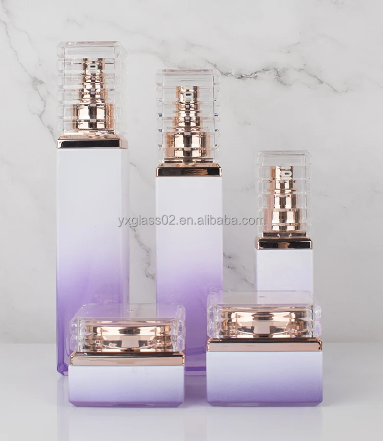 cosmetic glass packing set 120ml 100ml 40ml rectangular glass bottle with aluminum pump and transparent cover