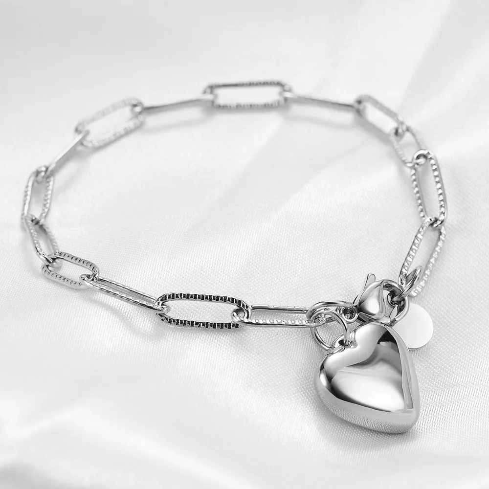 2022 New Arrival Rectangular Chain Bracelet Stainless Steel Bracelet Romantic Heart Pendant Bracelet for Women Girls