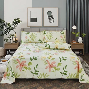 Hot Selling 100% Cotton King Size Three-Piece Sheet Set Plants Flowers Print Breathable Flat Sheet Pillowcase for Home Hospitals