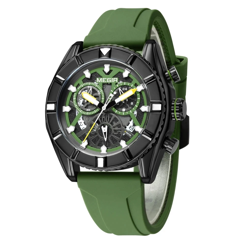 MEGIR Orologio da uomo militare sportivo cronografo al quarzo orologio da polso con data automatica lancette luminose cinturino in silicone 2208, nero, Cronografo, movimento al quarzo