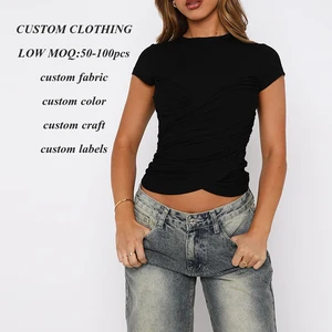 Custom Logo Printed Women's Cross Ruched Short Sleeve T-Shirt New Design Casual Crop Plain Top Blank Supply
