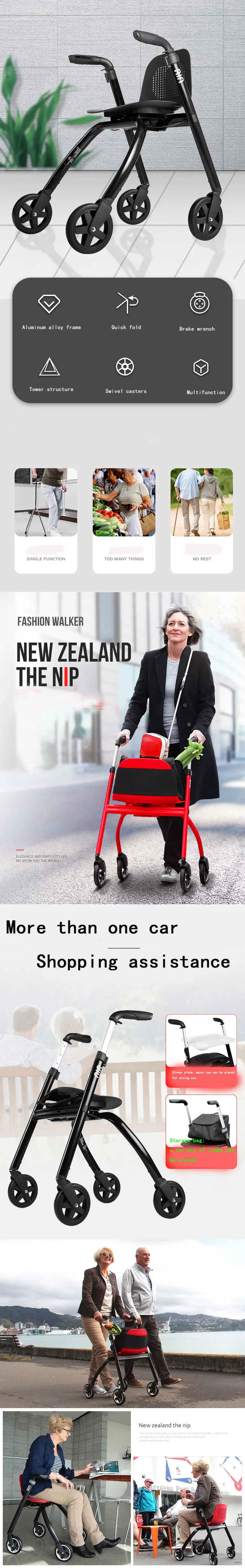 Walking aid for the elderly four wheeled walking stick stool trolley booster for the elderly