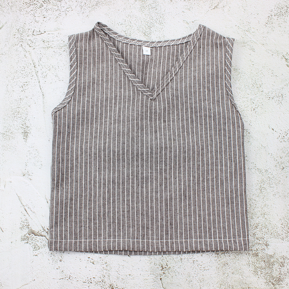 
Новая коллекция, льняная полосатая рубашка для мальчиков с индивидуальным дизайном, детская одежда, детские топы без рукавов с V-образным вырезом 