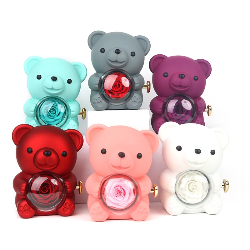 Custom Teddy Bear Gift Rotating Flower Preserved Rose in Acrylic Cute Bear Jewelry Boxes for Necklace Ring