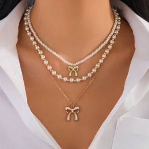 Elegant Pearl Beaded Bow Multilayer Necklace New Arrival 18k Gold Plated Enamel Bow Charm Stainless Steel Jewelry for Gift