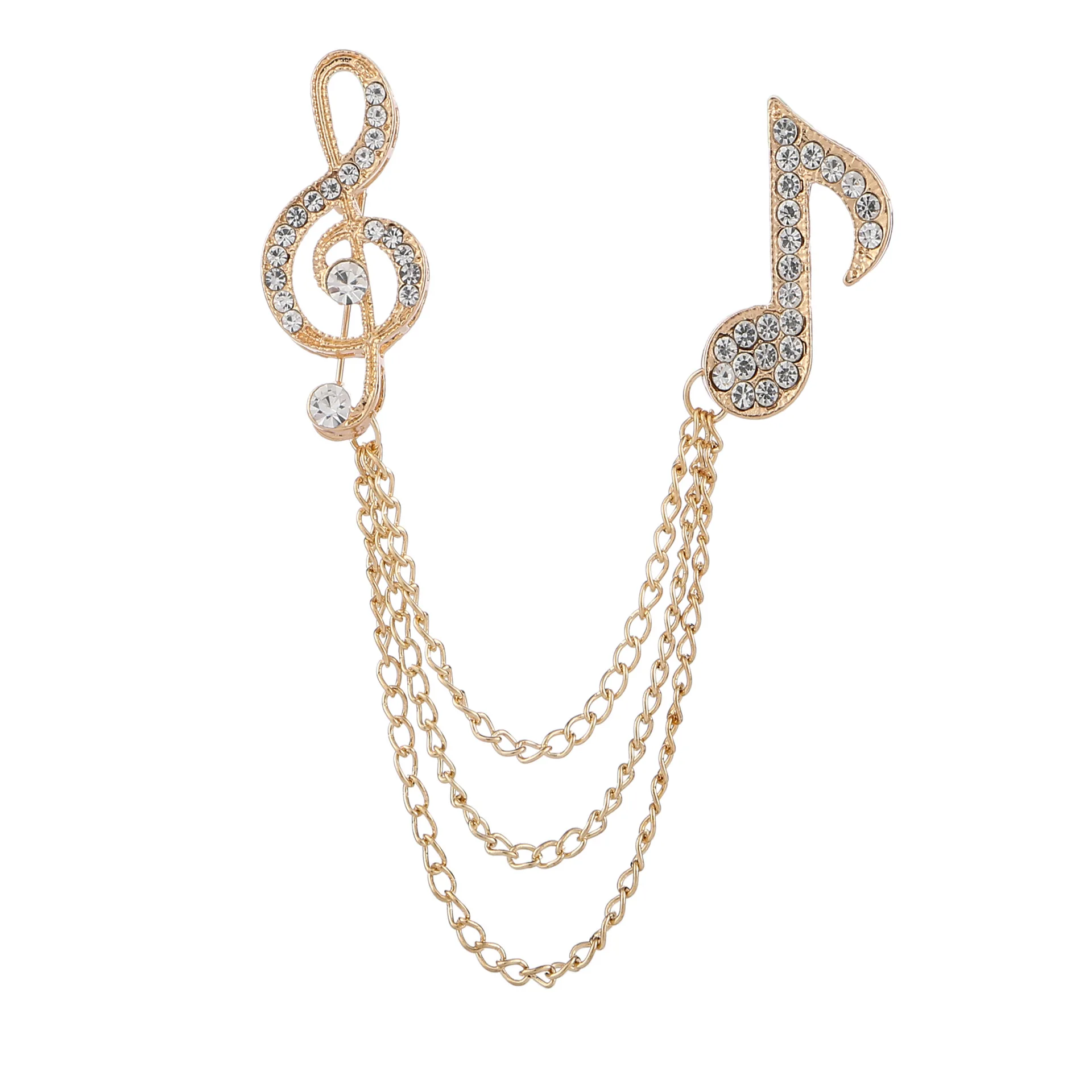 ROMANTIC Customize Badge Men Pin Brooch with Chain Suit Gold Silver Musical Note Crystal Chain Brooch