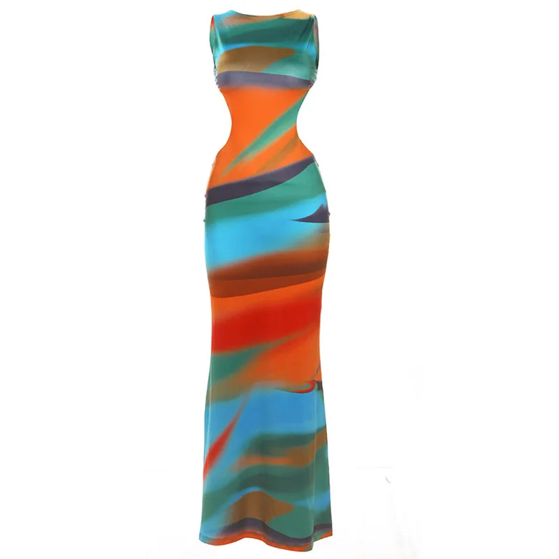 2024 Summer Gradient Print Maxi Dress Sleeveless Backless Long Dresses Sexy Vacation Outfits Holiday Elegant Bodycons