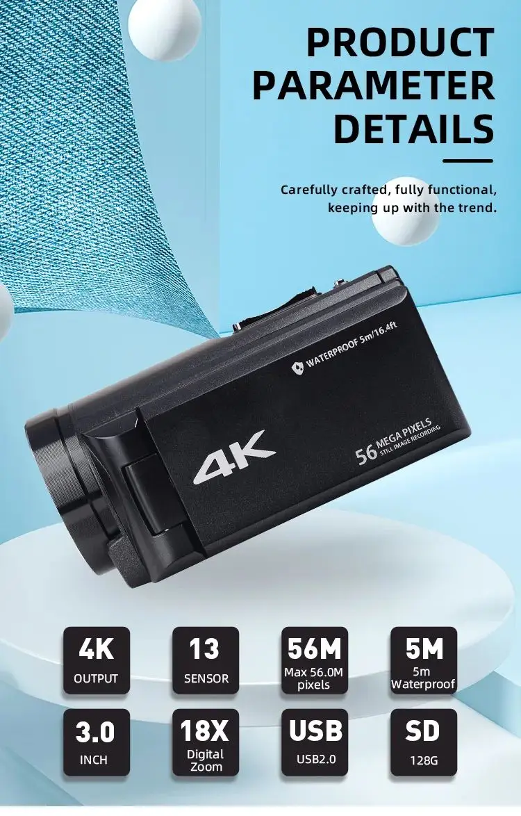4k Action Camera HD Waterproof 56MP CMOS 4K 30fps Sports Underwater Camcorder