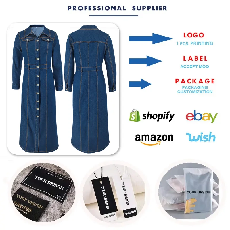 Y218627 High-Quality Jeans Dresses Women Casual Elegant Long Sleeve  Breasted Long Denim Dresses for Women Ladies Office Dress