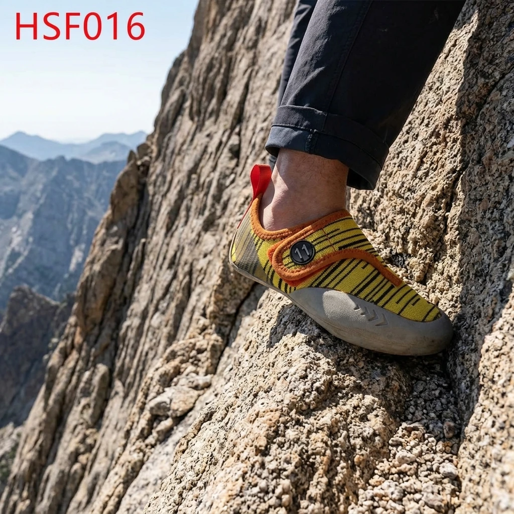 ZYF,USA Market Popular Technique Drill Sticky Rubber Sole Climbing Shoes Durable Nylon Fabric Kids Size Yellow Rock Shoes HSF016