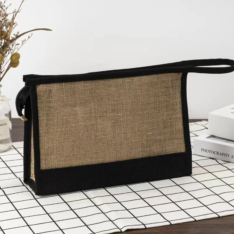 Custom Logo Makeup Bag Waterproof Canvas Jute Splicing Zipper Pouch Travel Toiletry Portable Storage Bag preview 3