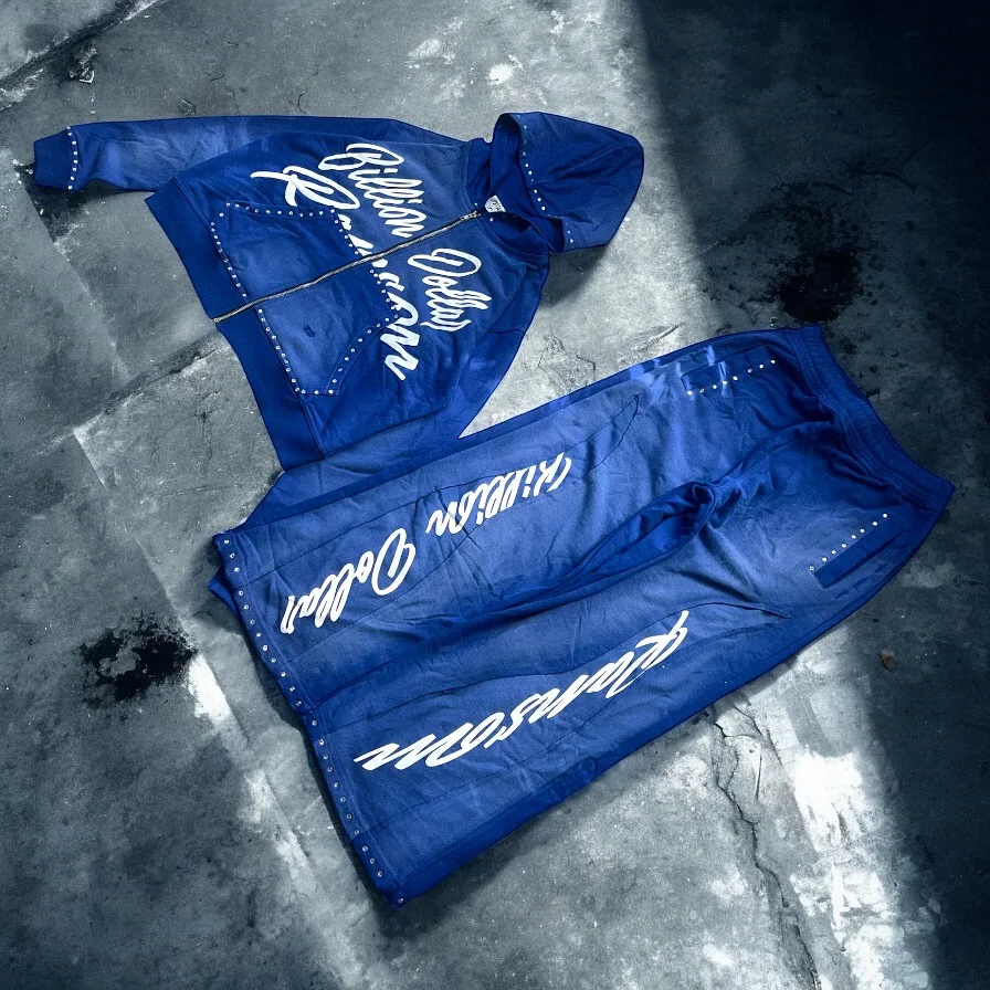 Custom High Quality Purple Acid Wash Rhinestones Tracksuits with Screen Printing logo 2 Piece Hoodie Sweats Rhinestone Sets