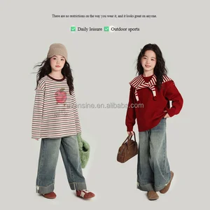 Girls Kids New Casual Fashion Lace Butterfly Wide-leg Denim Jeans Rolled Hems Elastic Waist Customizable