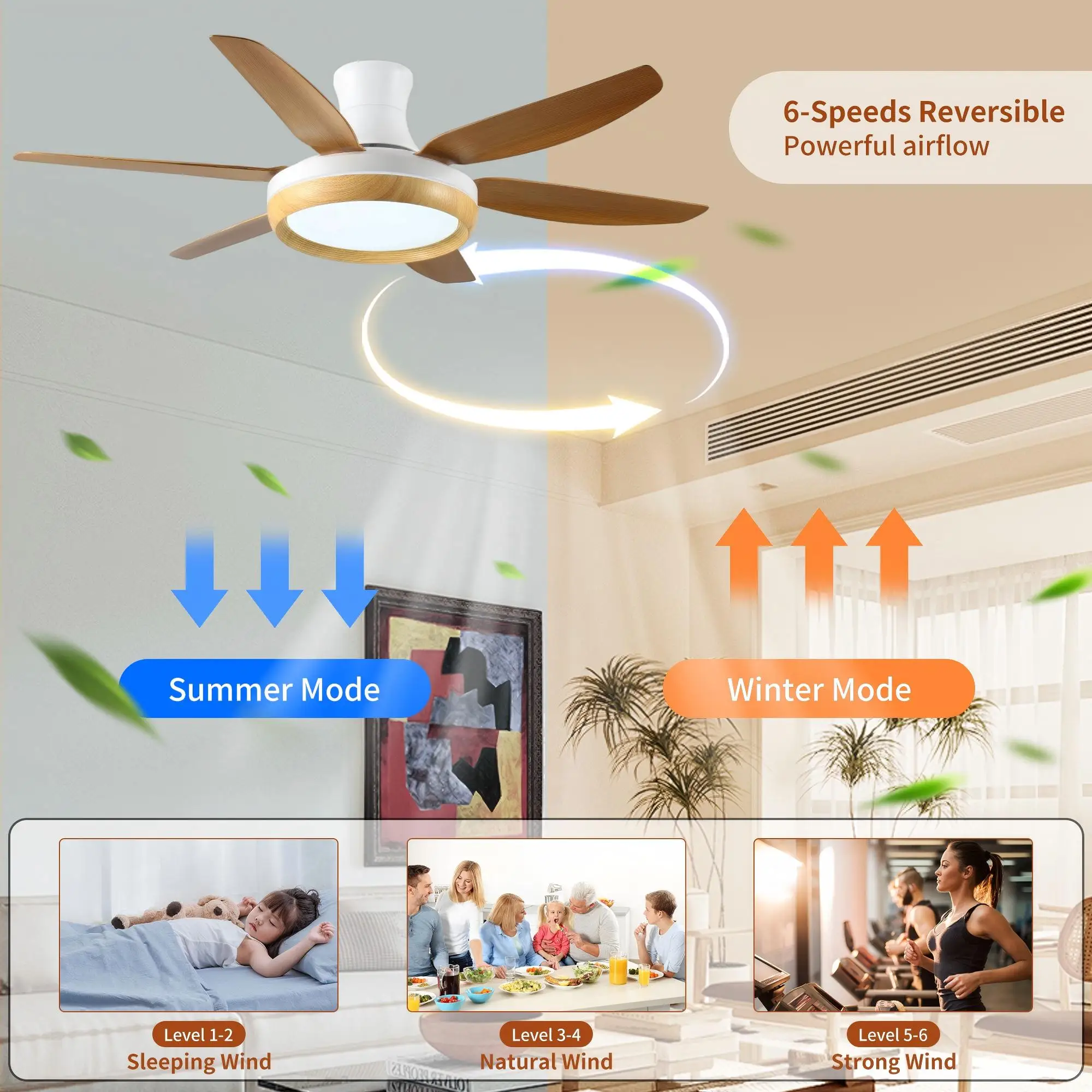 Factory Direct Ceiling Fans with Lights and Remote Modern Ceiling Fan for Bedroom Living Room 6 Speeds Reversible Quiet DC Motor
