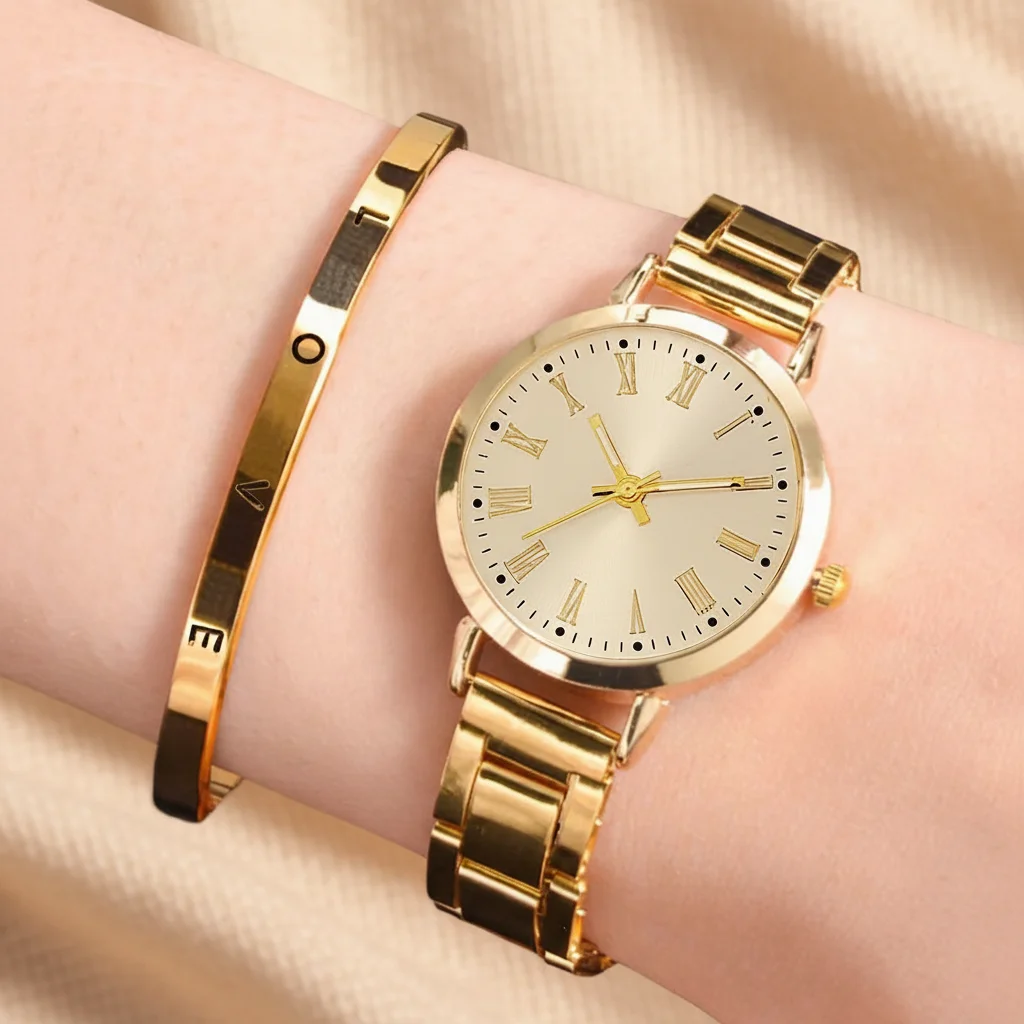 Luxury Women's Quartz Watch with Stainless Steel Bracelet Analog Dial Glass Crystal-Charm Fashion Wristwatch Set