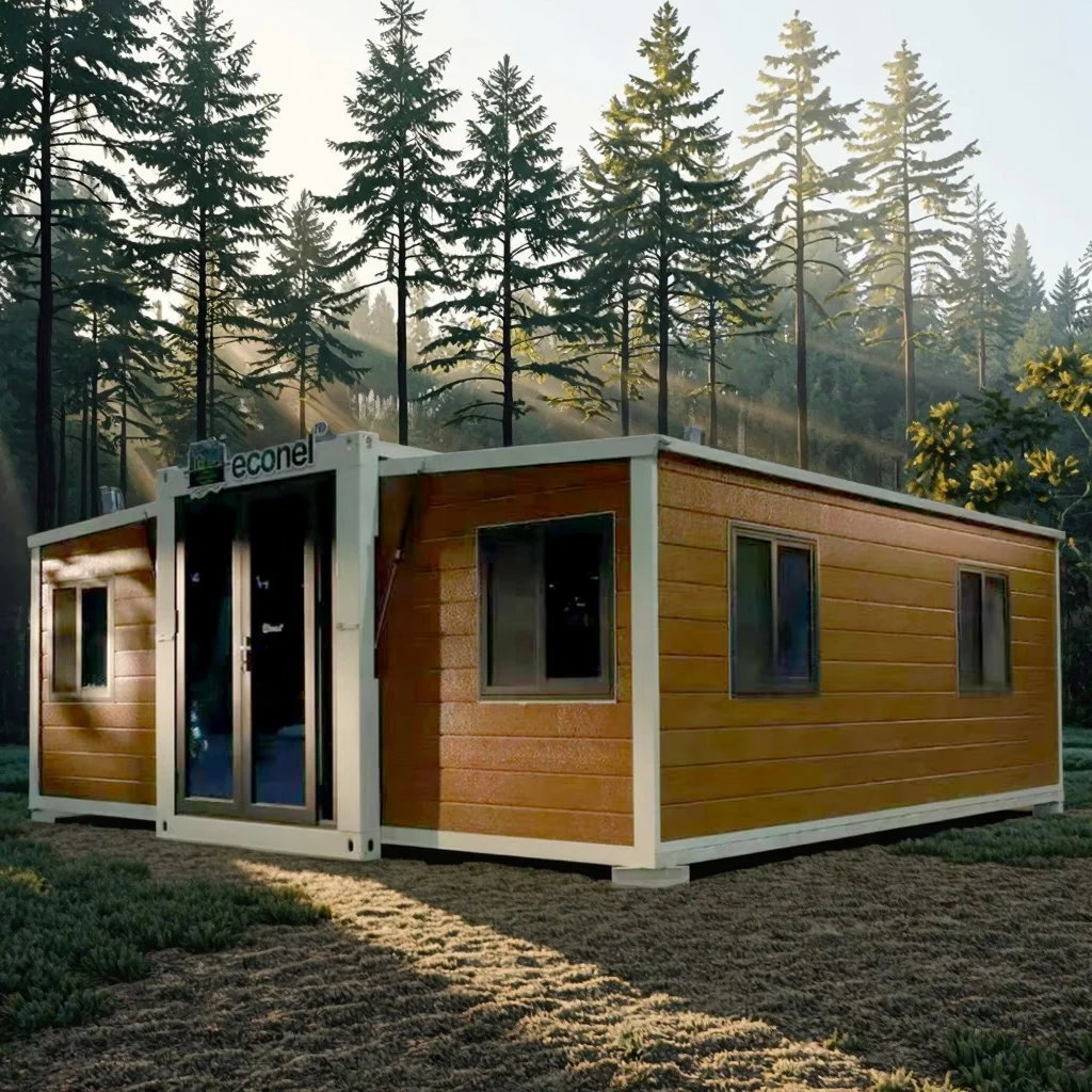 Modulair geprefabriceerd huis, uitbreidbaar, vlakverpakt, stalen sandwichpanelen, kantoorgebouw, entree, winkel, woonkamer, werkplaats, slaapkamer, kelder