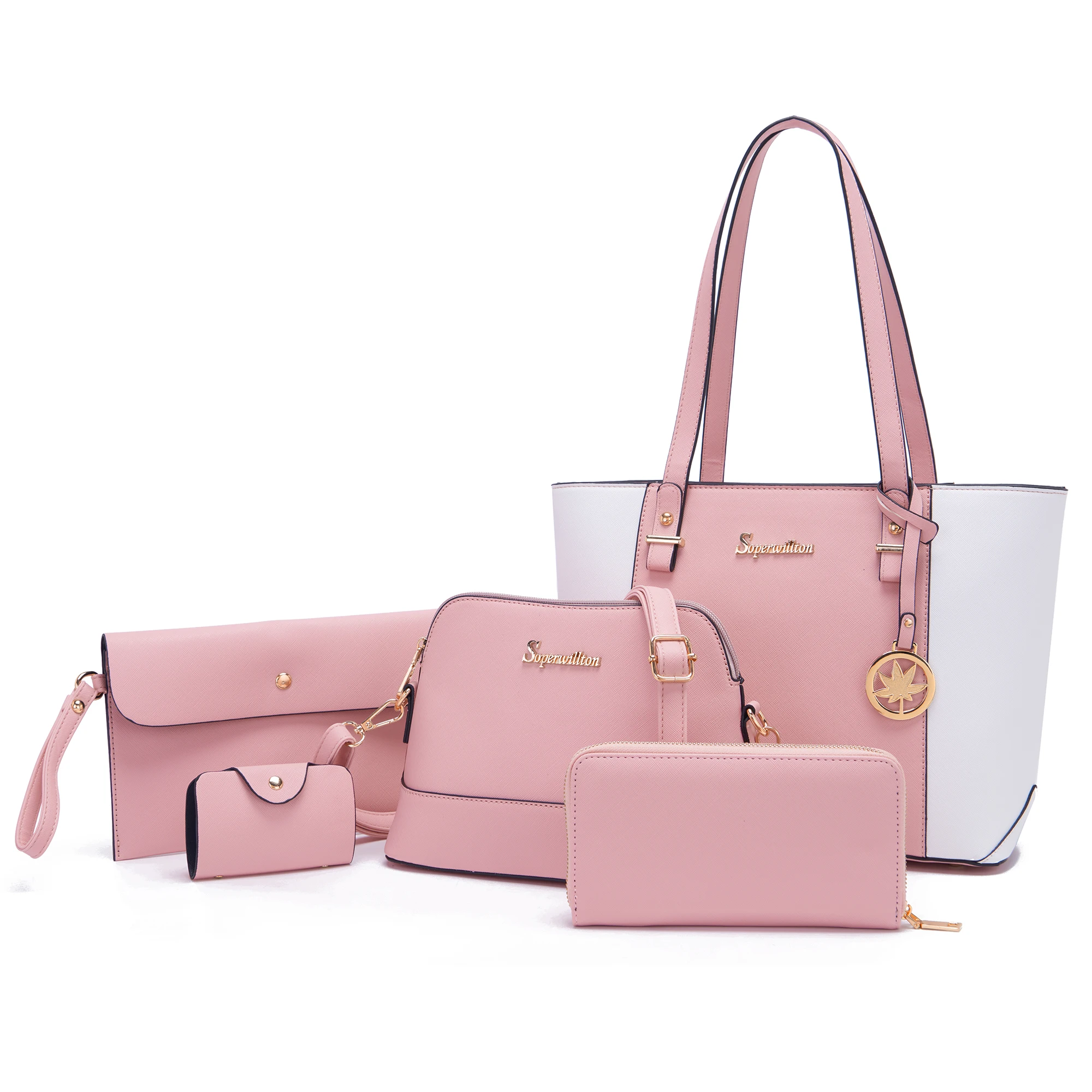 Elegant Pink and Cream Faux Leather Tote, Shoulder Bag, Wallet, store and Card Holder