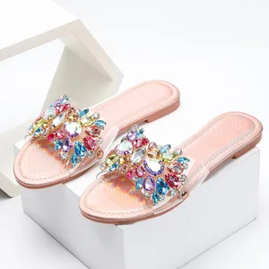 Cross-border Women's Rose Gold Luxury Charm Head Flat Bottom Comfortable Non-slip Summer Outdoor for slippers