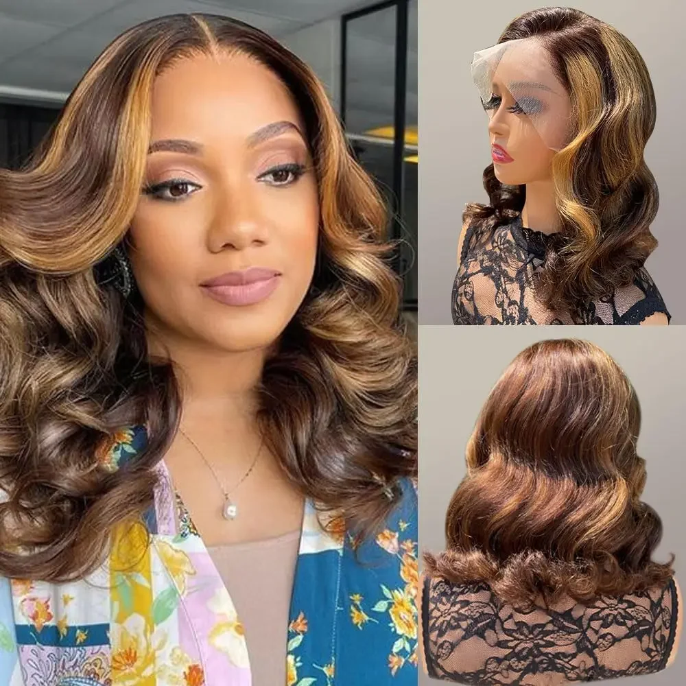 Parrucca Bob P4/27 Capelli Umani Ricci Pre-Spennati con Pizzo Frontale Biondo Miele Onda Corpo_voghion.com