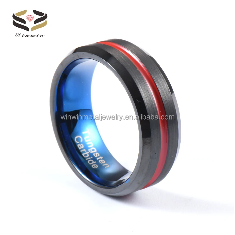 Red Strip Brushed Blue Tungsten Ring for Wedding and Engagement with Channel Setting