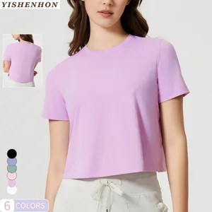 YISHENHON Summer Women's Lightweight Breathable Fitness Clothing O-Neck Yoga Top Quick-Drying Short Sleeves Loose Shorts Yoga