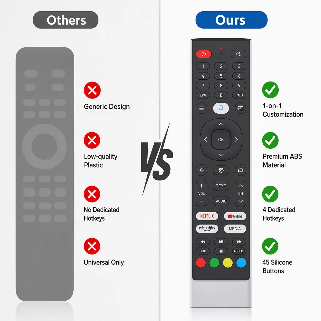 Customized 45 Keys Silicone Remote Control for TV Projector Audio, 1-on-1 Personalized Design with 4 Big Hotkeys OEM