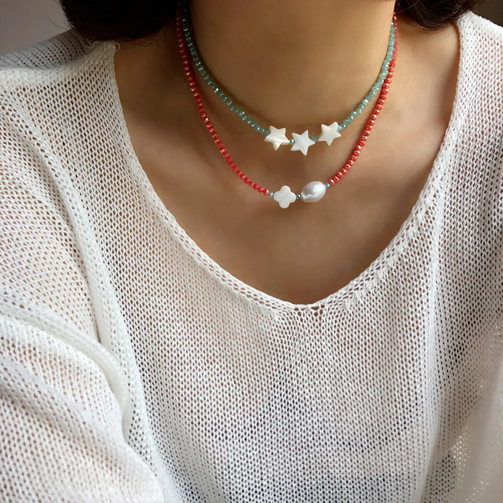 Bohemian Style 10 Kinds Star Shell Pearl Turquoise Charm Faceted Crystal Beads Choker Necklace Set for Women Girls