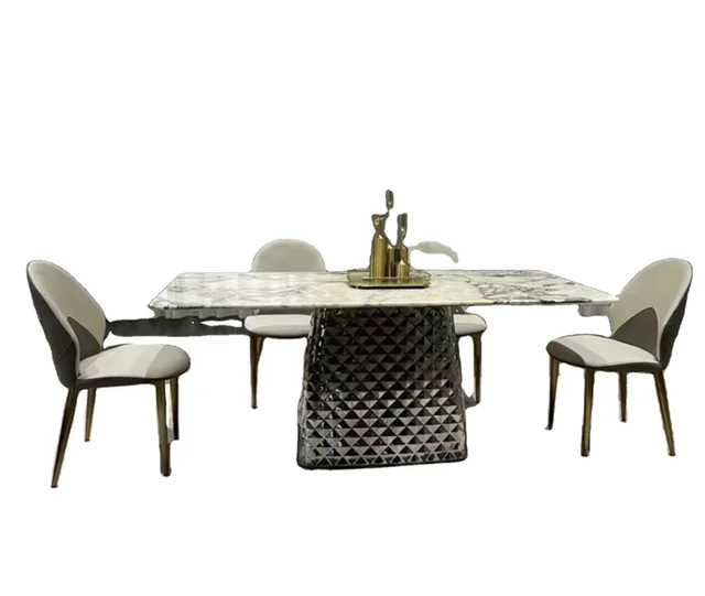 Rock Plate Design Dining Table Home Furniture 1 Piece Modern Dining Table Set 6 8 Seats Table Kitchen Marble Top + Metal Legs