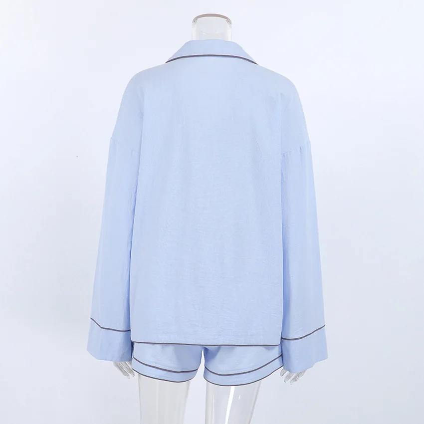 Women Cotton Pajama Set Long Sleeve Turn Down Collar Shorts Sleepwear Custom Embroidery Loungewear — detail