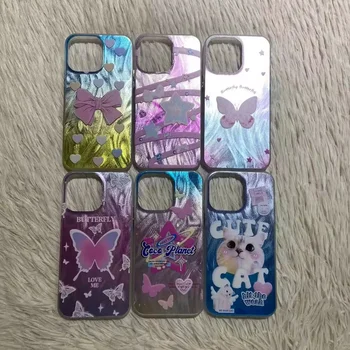 For iPhone 15 14 13 12 11 TPU Cute Cat IMD Glitter Phone Cover For Samsung A15 A35 A55 Luxury Butterfly Bling Phone Case