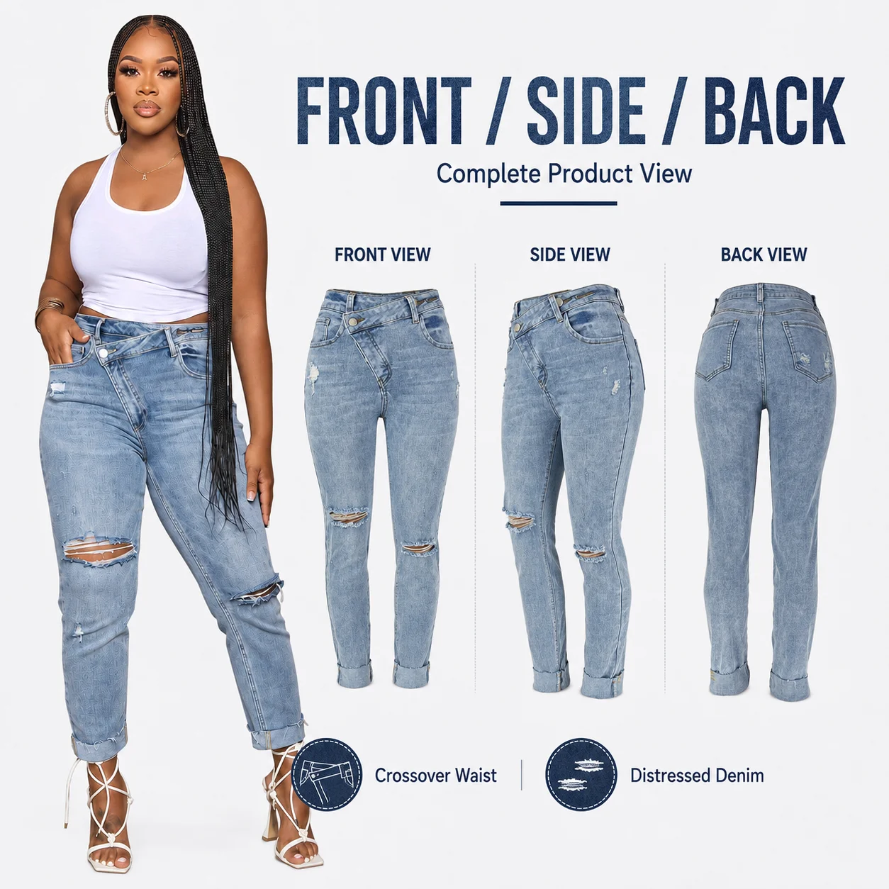 New Arrivals Broken Hole High Waisted Casual Womens Stretchy Pencil Pants Light Wash Breathable Jeans